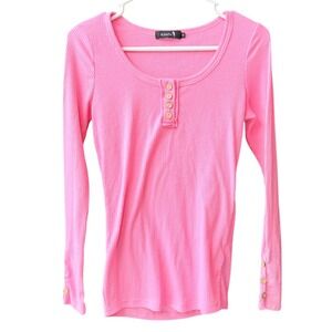 Kissfix Henley Top Womens Small Pink Ribbed Long Sleeve Button Detail Scoop Neck